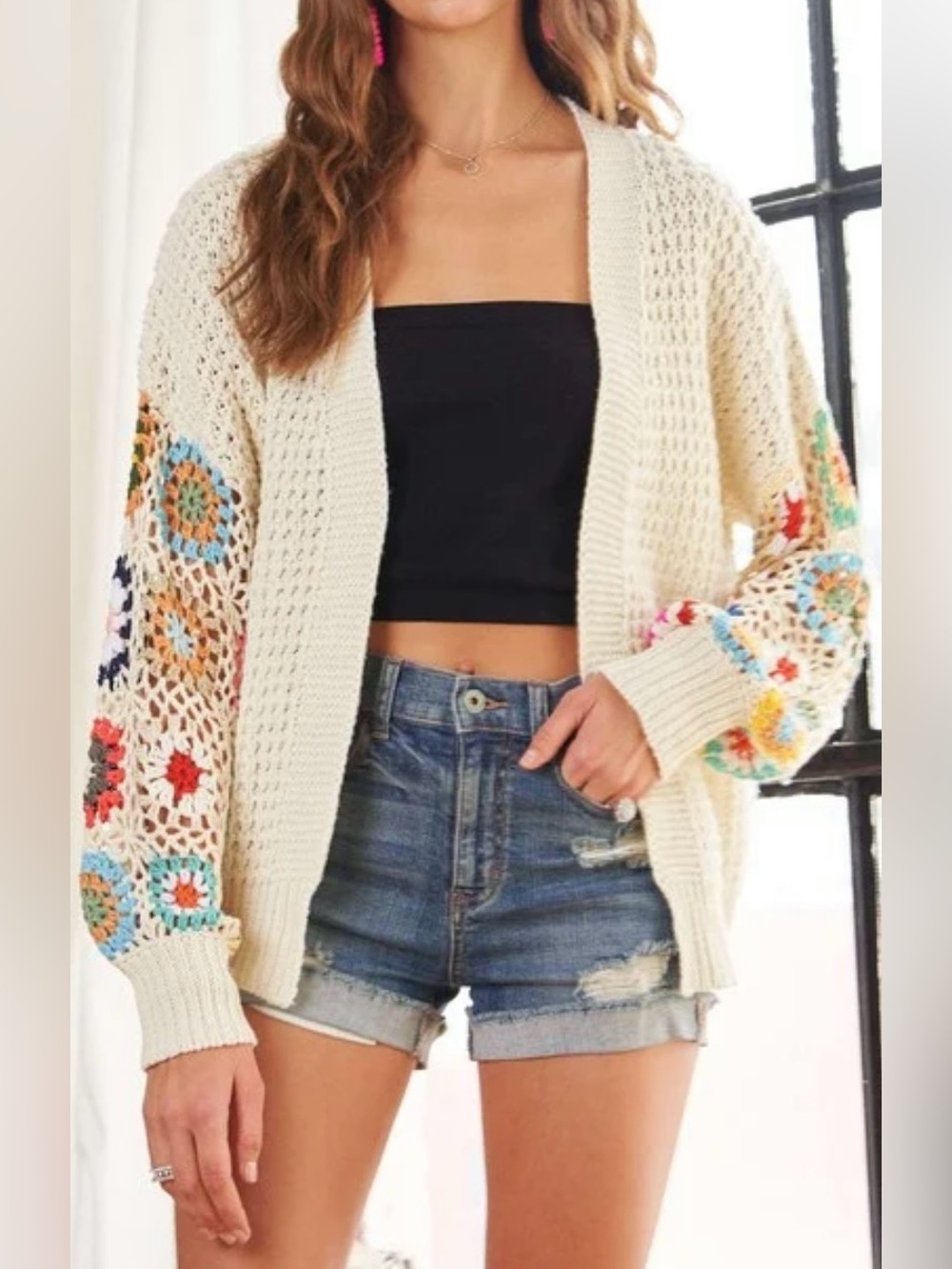 ADORA Cream and Multicolor Crochet Sleeves Open Knit Cardigan - Size S